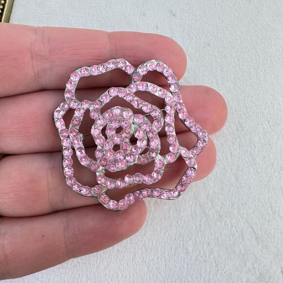 Vintage Jewelry Pink Rhinestone Rose Flower Brooch Pin - Picture 1 of 3